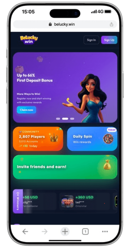 BeLucky.win live mobile casino — deposit bonus, daily spin, community stats, and winners feed